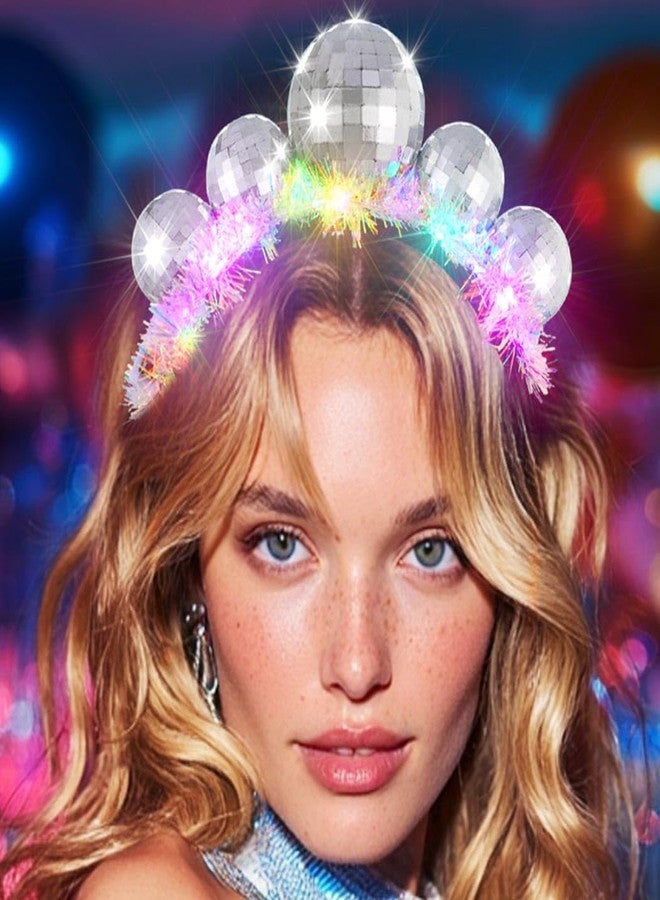 CAKURE Light Up Disco Ball Headband Silver 70s Led Hair Band Holiday New Year Eve Hair Accessories for Women - Image 1